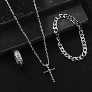 LUX-JEWEL - 3pcs Trendy Jewelry Set for Man Cross Necklace Black Choker Chain Ring Bracelet Daily Outfits Gift Men Black Ring Jewelry Set