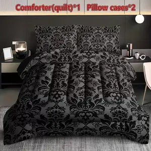 3-piece quilt set (1 quilt + 2 pillowcases, without pillow fillers), featuring 200gsm padded fabric with soft, breathable digital printing in black patterns, perfect for bedrooms, dormitories, or home use.