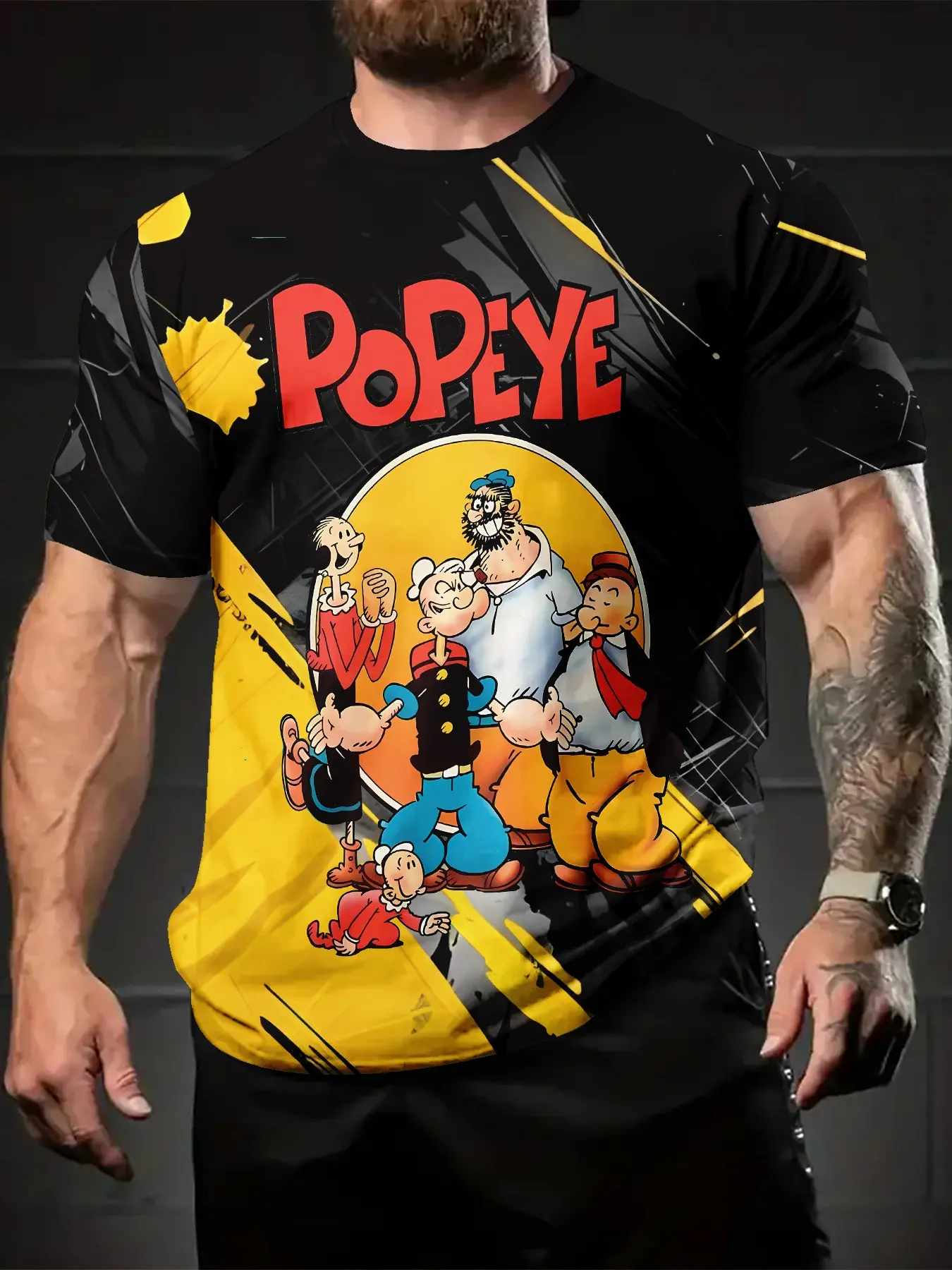 All members of Popeye are here! Black and yellow contrasting color 3D digital printed Fitted T-shirt, casual and versatile sporty athletic streetwear men's crew neck short-sleeve, suitable for daily wear, a perfect holiday gift for men