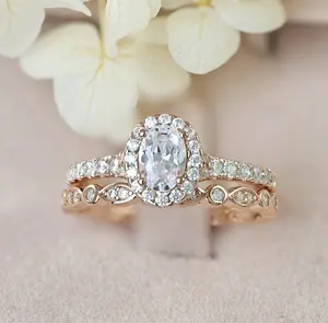 Janefashions Oval Cut Rose Gold Plate Sterling Silver Engagement Ring Wedding Band Bridal Rings Set S18A