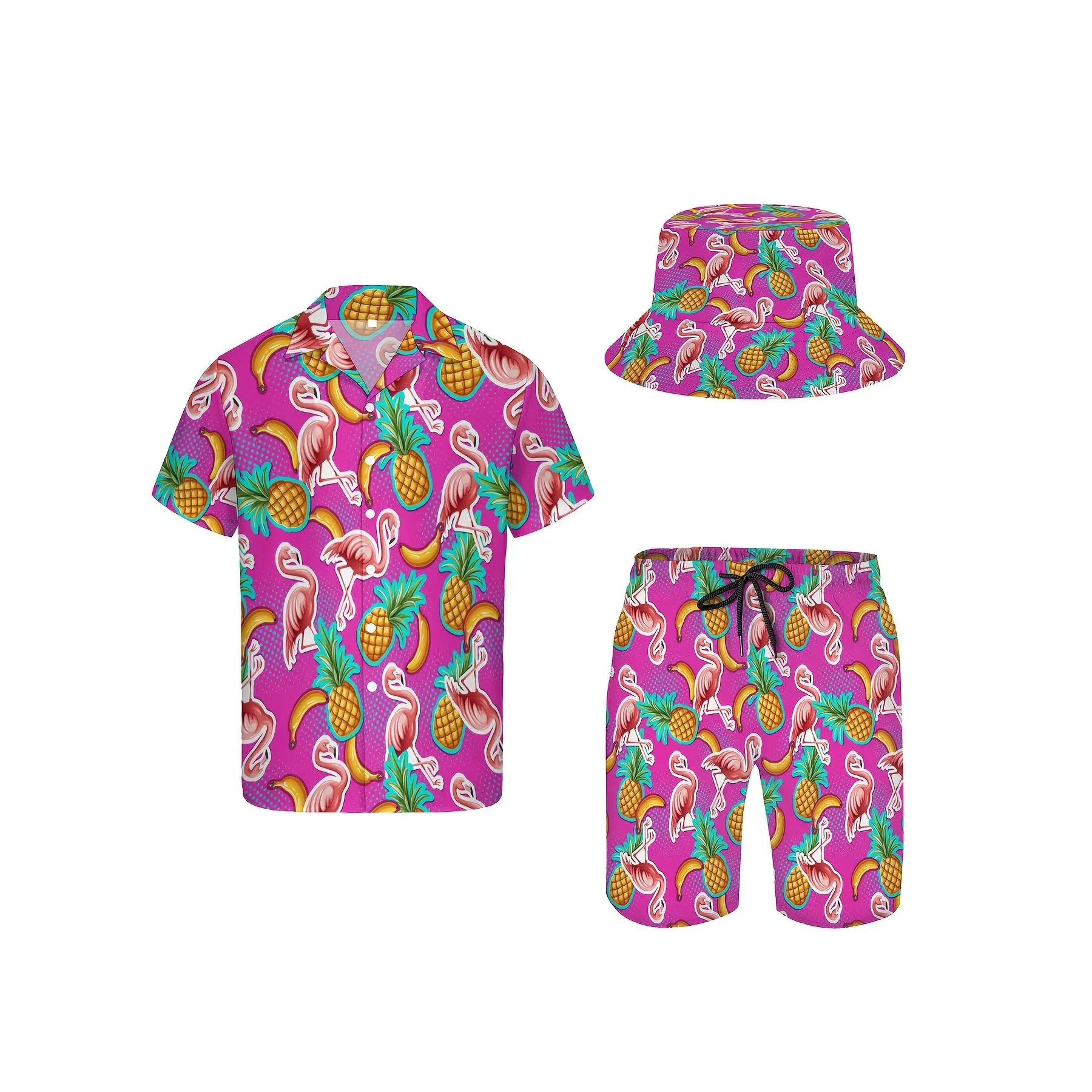 Men's 3-Piece Casual Hawaiian Mens Clothing Set - Soft Breathable Fabric, Flamingo & Banana Print, Short-Sleeve Shirt, Shorts, Bucket Hat, Clothes, Menswear, Polyester, Tropical