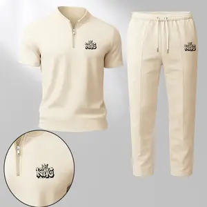 Menswear Minimalist "KING" Graphic Waffle Knit Zip Henley Shirt - Crown Letter Print Shortsleeve Elastic Zip Collar Garment, Lightweight Breathable Soft Premium Casual Polo-Style Top for Daily Wear, Travel