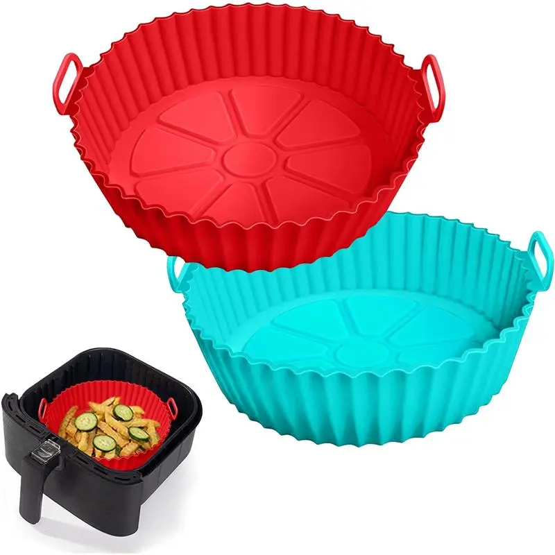 2-Pack Reusable Heat-Resistant Air Fryer Silicone Liners Pots - Fits 3-5 qt (3qt,4.2qt,5qt), Easy Cleanup, Colorfast Parchment Paper Replacement, Kitchen Appliance Accessory, Red+Blue (Top 8in, Bottom 6.75in) - Gift for Family, Friends, Cooking Lovers