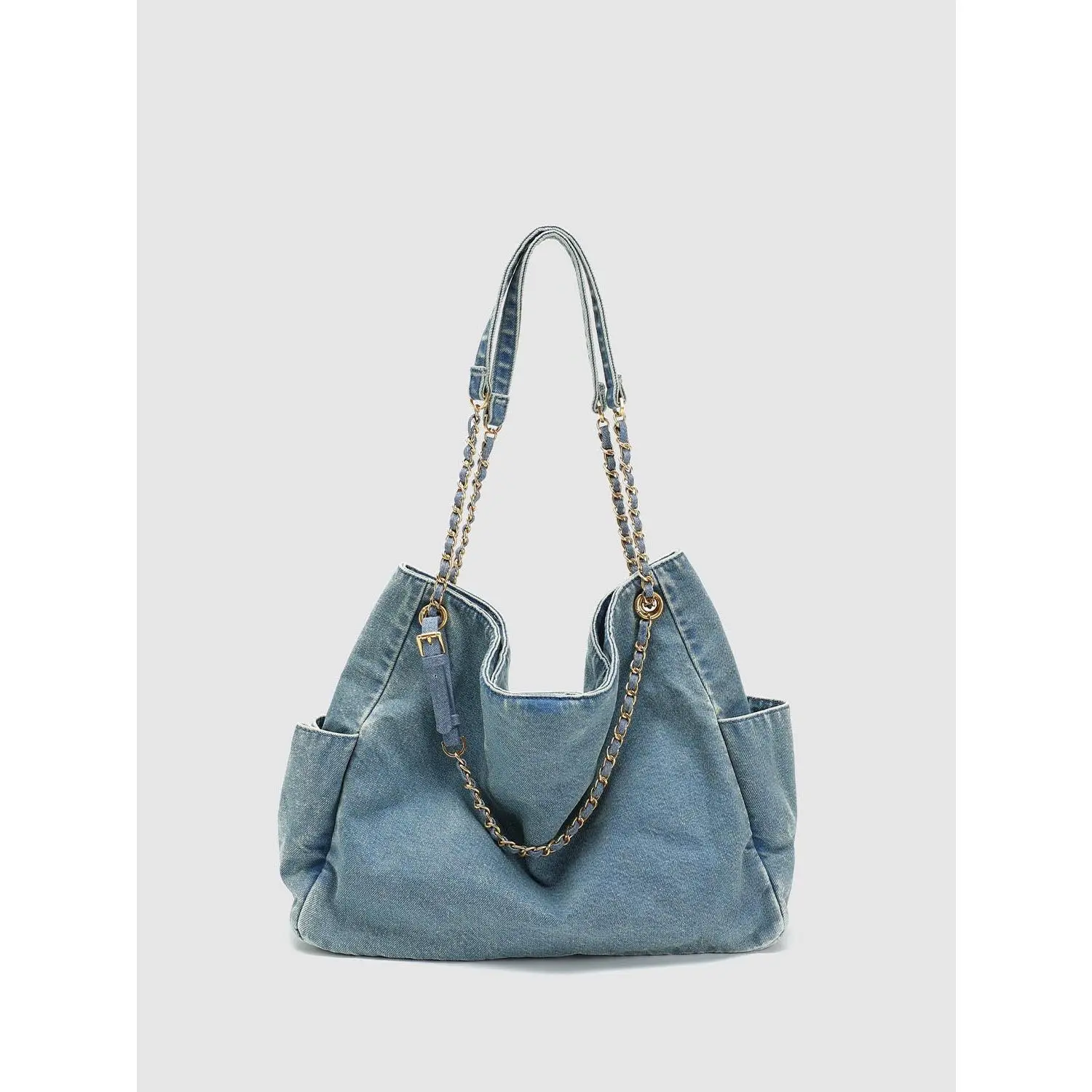 URBAN REVIVO 2026 Women's Elegant Oversize Denim Shoulder Bag - Chain Detail, Crossbody Carry Option summerwins