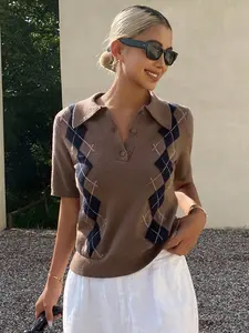 2026 Spring Argyle Knit Polo Top for Women, Short Sleeve Collared Sweater, Casual Preppy Style Knitwear, Slim Fit Lightweight Jumper for Daily Office & Streetwear, Trendy Brown Knit Blouse, Perfect Spring Summer Basic