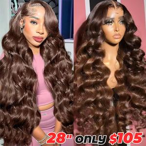 30 Inch Chocolate Brown Lace Front Wig human hair for Women 13x4 HD Body Wave Lace Frontal Wigs Glueless Wigs Pre Plucked with Baby Hair 180% Density