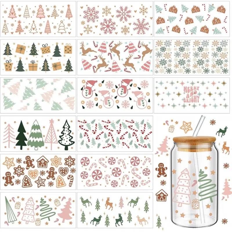 15 Sheets Christmas UV DTF Cup Wrap Pink Transfer Sticker Candy Merry Christmas Glass Stickers for Cups Waterproof Rub on Transfers Snowflake Gingerbread Man Mug Stickers Decals for Crafting DIY Diy Decorative Stickers