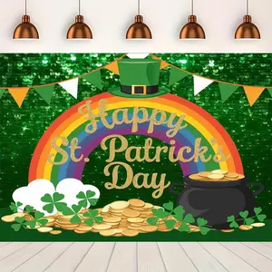 1PC 2D Flat St. Patrick's Day Backdrop Banner - Reusable Polyester Irish Festival Prop with Clover, Rainbow, Gold Coin Elements - Party Decorations Banners for Birthday, Party Event Photo Backgrounds
