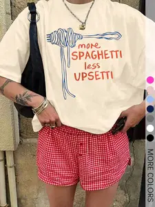 Women's More Spaghetti Letter Print Round Neck Tee, Vintage Trendy Casual Fit Short Sleeve T-shirt for Everyday Wear, Ladies Summer, Top