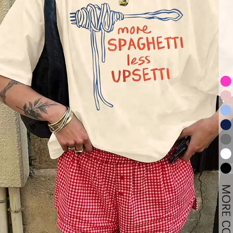 Women's More Spaghetti Letter Print Round Neck Tee, Womenswear Vintage Trendy Streetwear Casual Loose Fit Baggy Short Sleeve Basic T-shirt for Everyday Wear, Ladies Summer, Top Piece, Graphic Tees