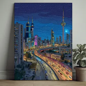 1 Piece Artistic Kuwait City Night View Wall Art Print - Decorative Modern Comic-Style Illuminated Middle Eastern Cityscape, Hanging Square Kuwait Skyline Artwork with Wooden Frame, 2D Flat Room & Office Cultural Decor