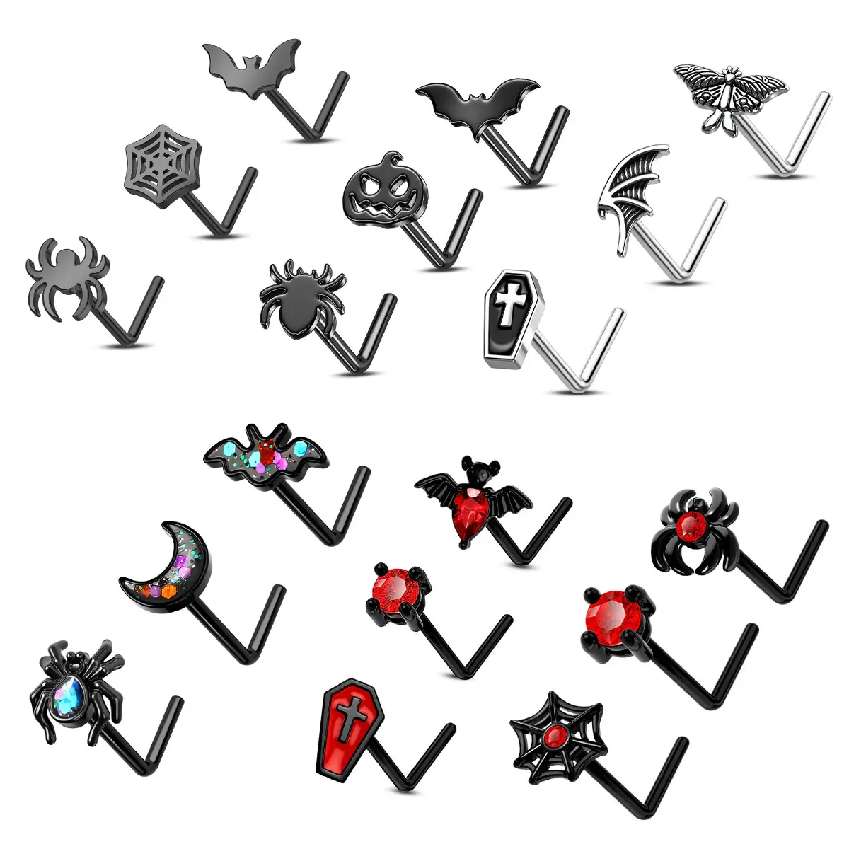 Oufer 20G 3PCS 316L Stainless Steel Halloween L-Shaped Nostril Studs Sets