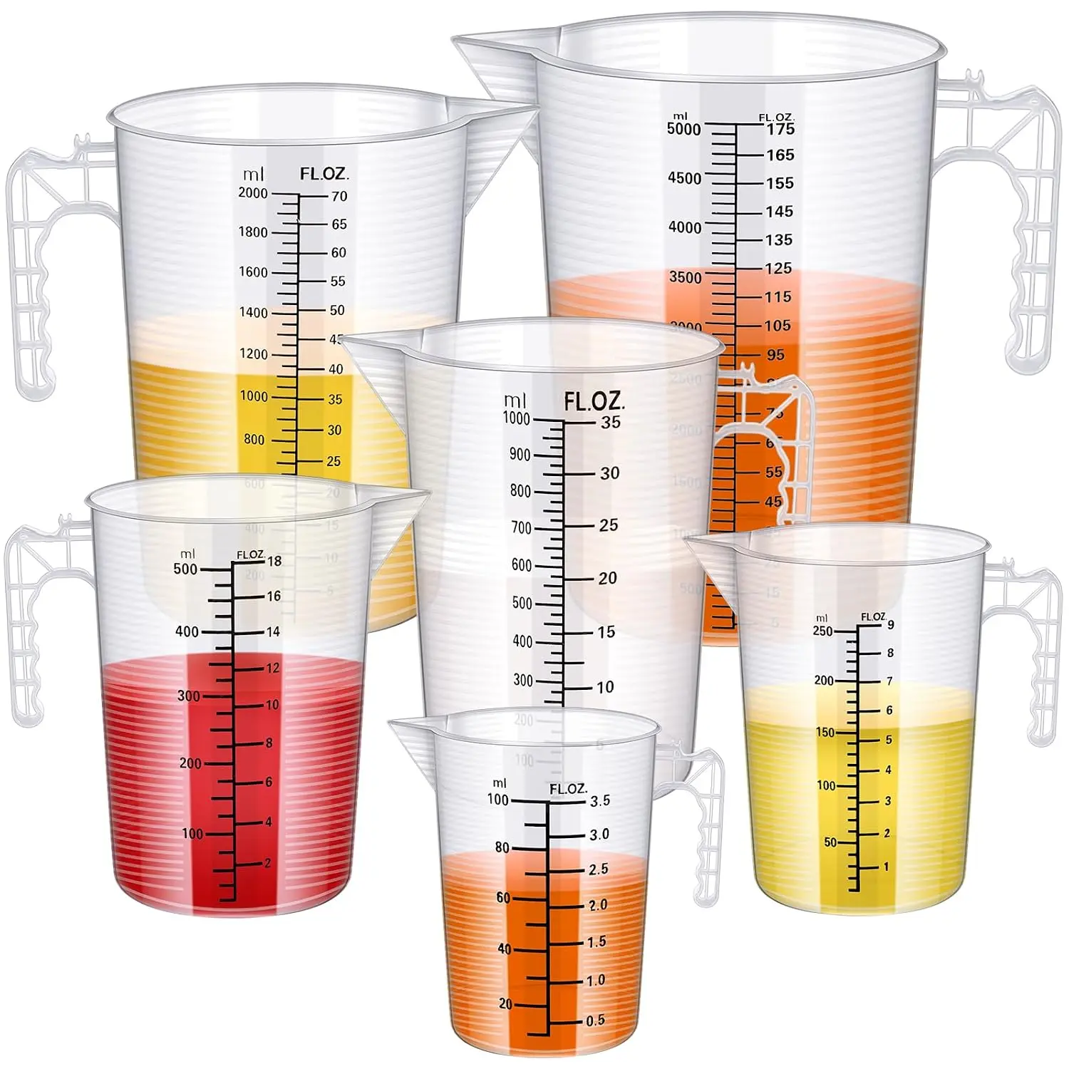6 Pieces Plastic Measuring Pitcher Measuring Cup 6 Sizes Mixing Pitcher Measuring Bottle Measure Containers Measuring Jug With Handle And Spout For Water, Flour, Rice, Coffee, Wine, Milk, Sugar