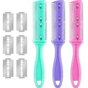 3 Pcs Haircut Razor Comb Hair Cutting Comb with 12 Replacement Blades Double Edge Shaper for Salon & Home Styling Split Ends Trimmer Styler for Thick and Thin Hair