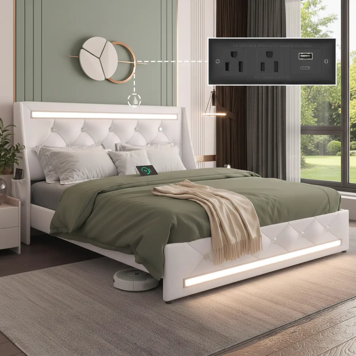 Queen size Bed Frame with LED Lights, Upholstered Queen Bed Frame with Charging Station, Queen Platform Bed with Diamond Headboard, Wooden Slats, Easy Assembly, No Box Spring Needed, Noise Free, White