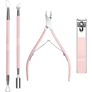 Cuticle Trimmer with Cuticle Pusher and Nail Clipper - 4 PCS Cuticle Cutter Nipper Remover Pedicure Manicure Tools, Professional Stainless Steel Dead Skin Clipper for Fingernails Toenails Pink