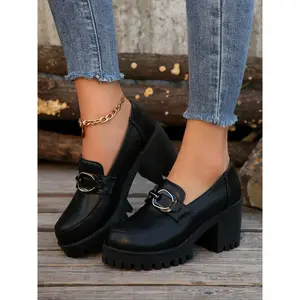 New British Fashion Thick Sole Small Leather Shoes Waterproof Platform Chunky High Heels Large Size PU Leather Loafers Trendy Women's Single Shoes(Sheets)
