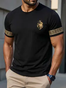 Men's Black Lion Head Print Luxury T-Shirt, Round Neck, Casual Gold Greek Key Pattern, Minimalist Urban Form-Fitting, Perfect for Daily Wear, Business Casual, Office, Urban Fashion #springsaledeals2026 #summeroutfits #tiktokshopmademebuyit #luxur