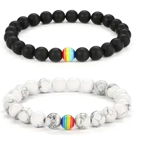 LGBT Natural Stone Bead Stretchy String Lesbian Gay Pride Bracelet Handmade Adjustable Rainbow Gemstone Seed for Men Women Friend LGBTQ Friendship Jewelry Birthday Gift