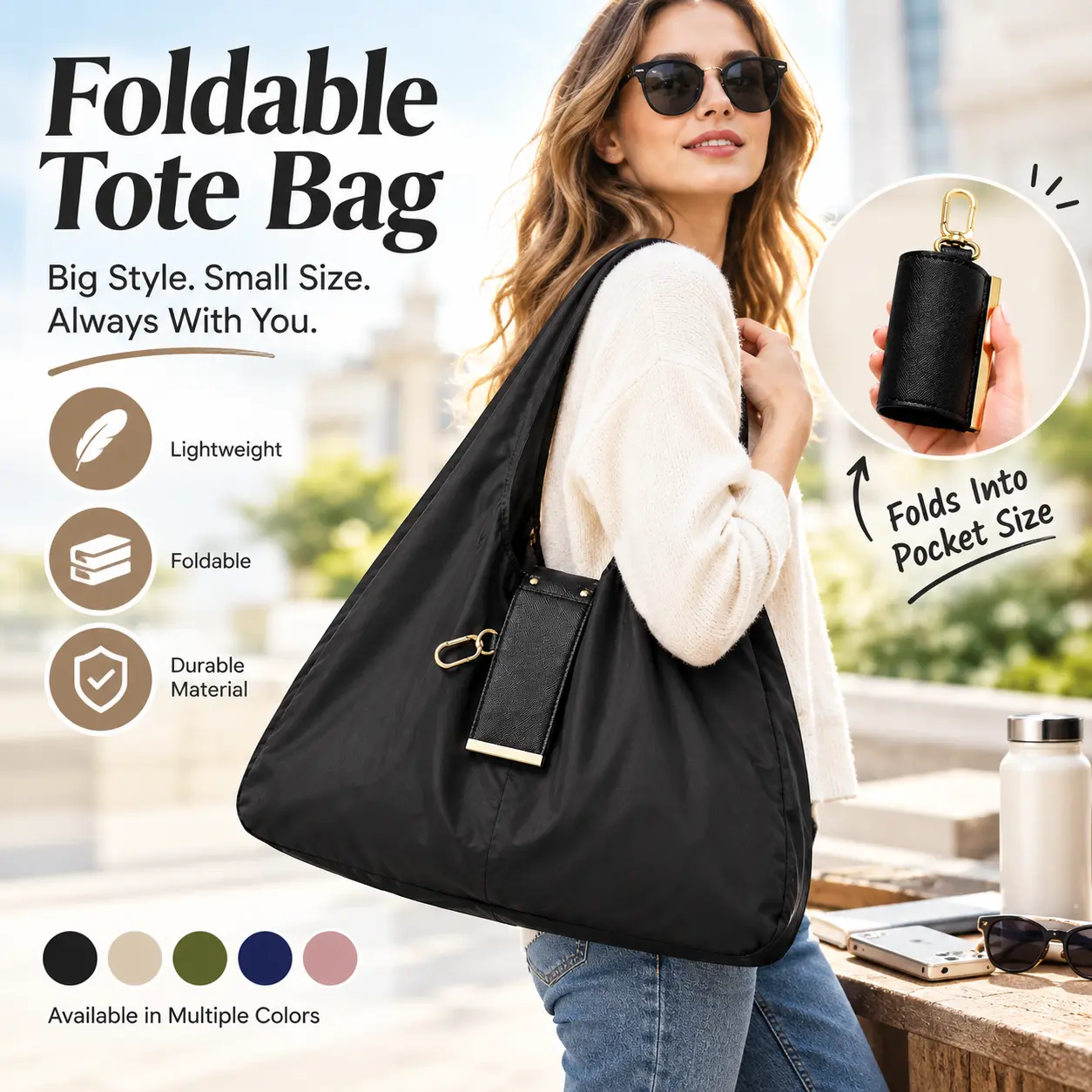 Foldable Tote Bag with Snap Hook Key Ring, Lightweight Reusable Nylon Shopping Bag, Compact Portable Grocery Tote for Travel, Daily Shopping, Work and Everyday Use