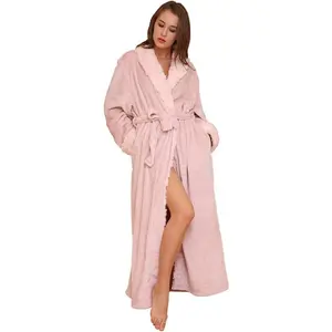 Thicker Long Flannel Sleepwear for Women and Man Imitation Fur Collar Bathrobes Warm Couple PajamasGift