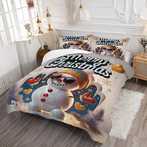 Cartoon Snowman Print Bedding Set, Christmas Theme Quilt Cover Kit with 1 Blanket and 1/2 Pillowcases, Cozy Bedroom Decoration