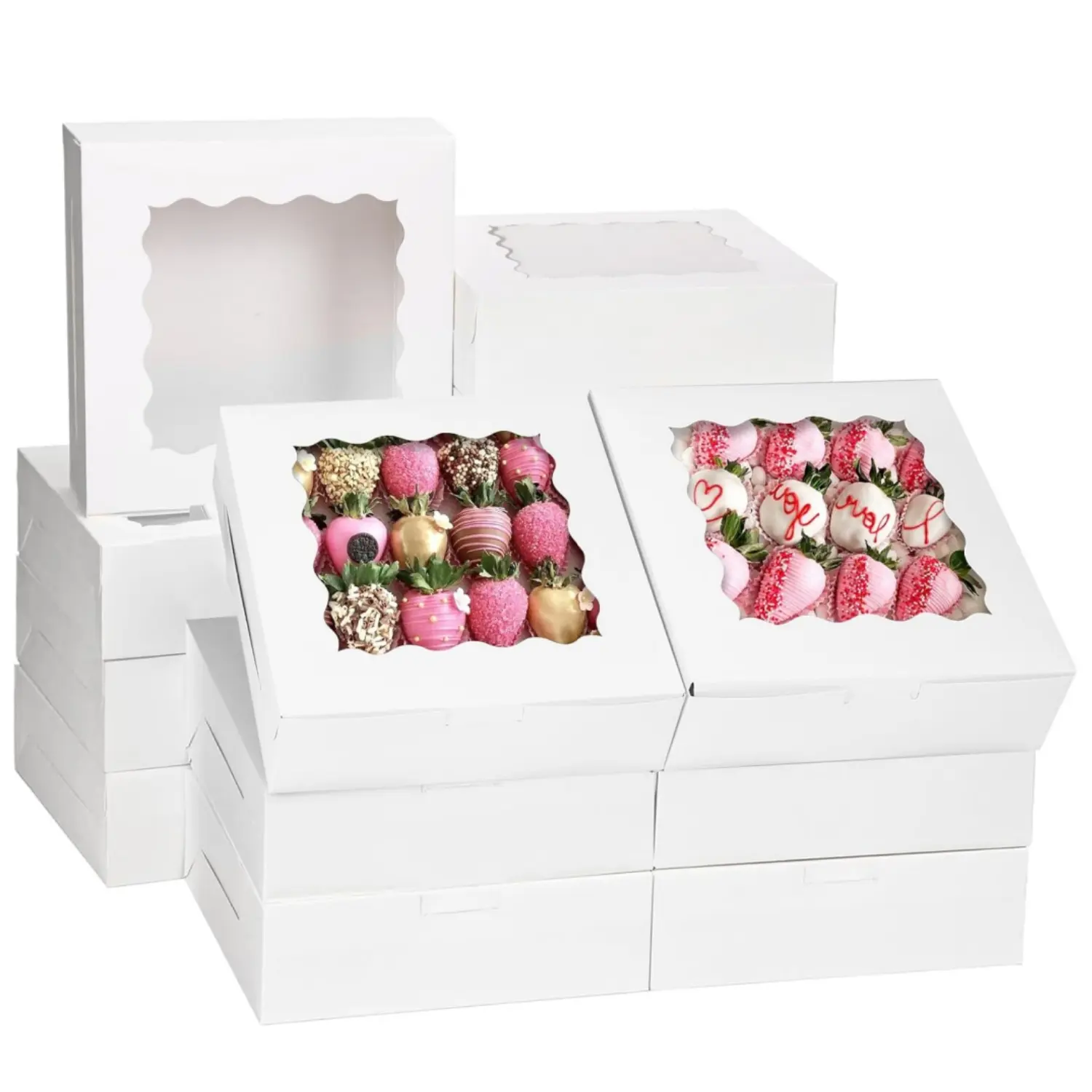 25PCS Bakery Boxes, 7x7x2.48 Inch Cookie Boxes with Window, White Treat Containers for Donuts, Chocolate Strawberries, Pie, Birthday Party, Mother's Day, Weddings