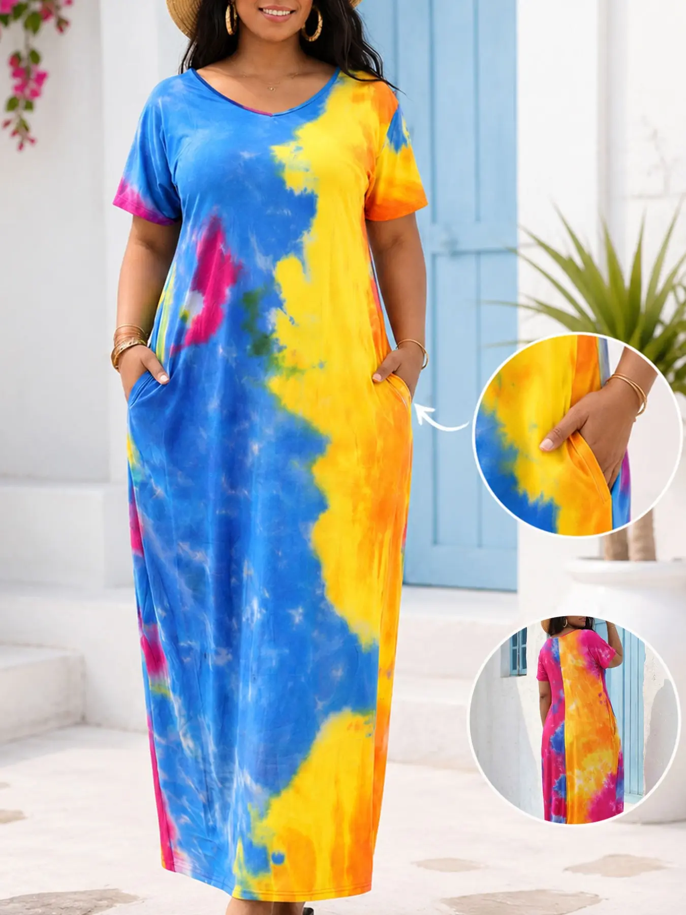 Plus Size Womenswear Tie Dye V Neck Short Sleeve Long Dress, Loose-Fitting with Pockets, Casual Vacation Wear Summer, Comfortable and Stylish, Boho Summer Dress