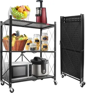 3 Tier Foldable Storage Shelves with Wheels, Kitchen Appliance Stand, Freestanding Metal Wire Shelf Rack, No Assembly Organizer Rolling Cart for Garage, Basement, Pantry (Black)
