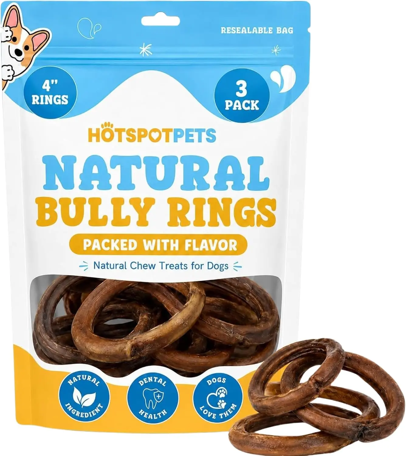 hotspot pets Premium All Natural Bully Stick Ring Chew Toys for Dogs, 3 Count | Grain-Free Long Twisted Beef Pizzle, Fully Digestible Rawhide Alternative, Digestive Aid