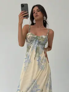 Women's Floral Print Maxi Dress | Spaghetti Strap Apricot Vacation Dress | Elegant Summer Beach Party Outfit