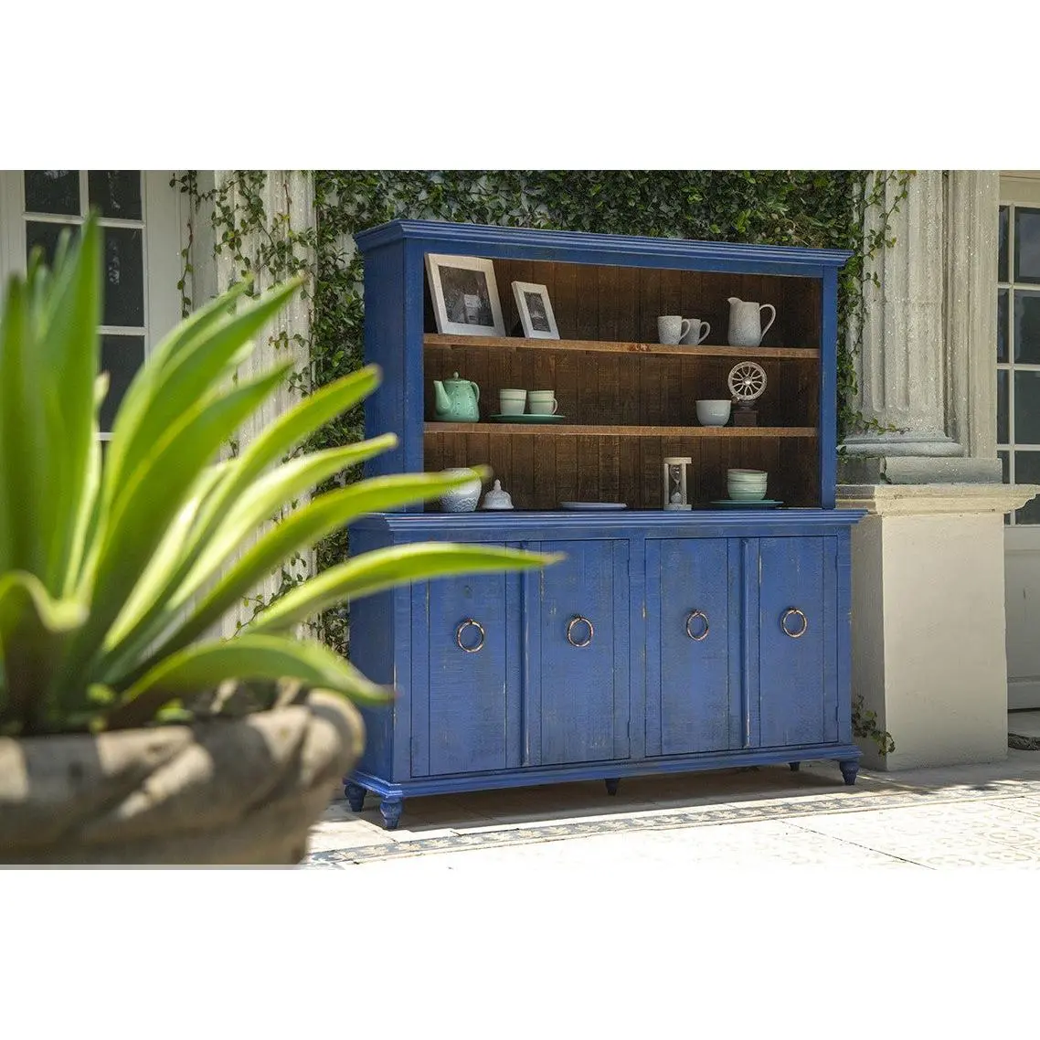 Blue Macao Rustic Farmhouse Loft Solid Pine Wood Sideboard-Hutch Console, 73.25w x 17.25d x 39.25h, Distressed Antiqued Paint Finish, 1 Fixed Shelf