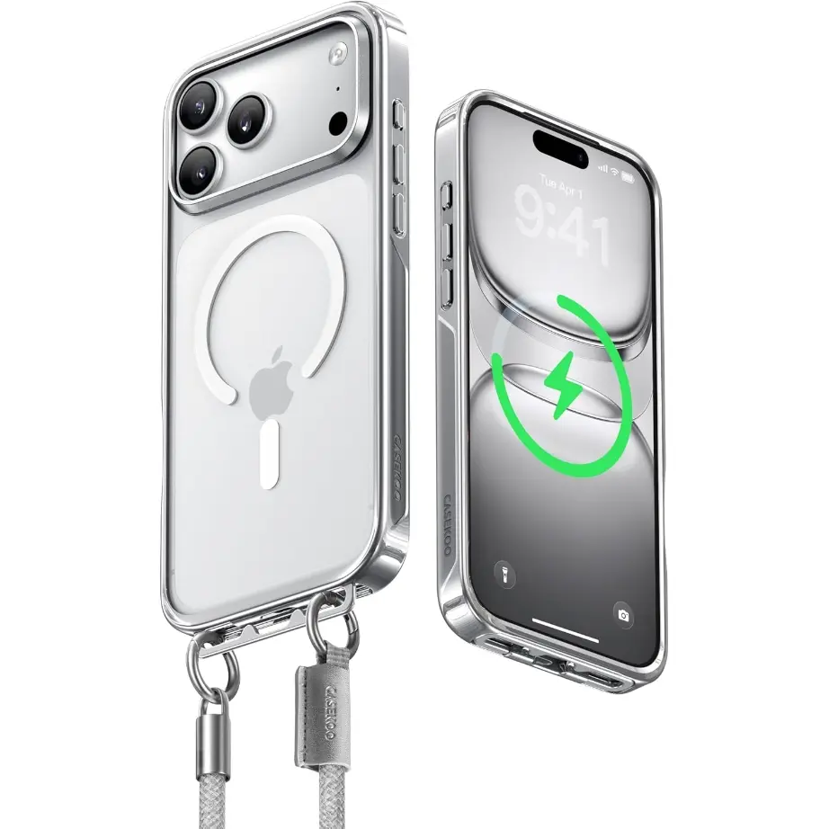 CASEKOO Glossy Magnetic Linkoo Case with Strap 2026 New iPhone 17/16 Pro Max Case, Patented ClipSafe: Built-in Foldable Hidden Tab, Anti Theft Strap, Summervibes, Aluminum Alloy Lens Protection, Clear Back Case, Silver Frame, Orange