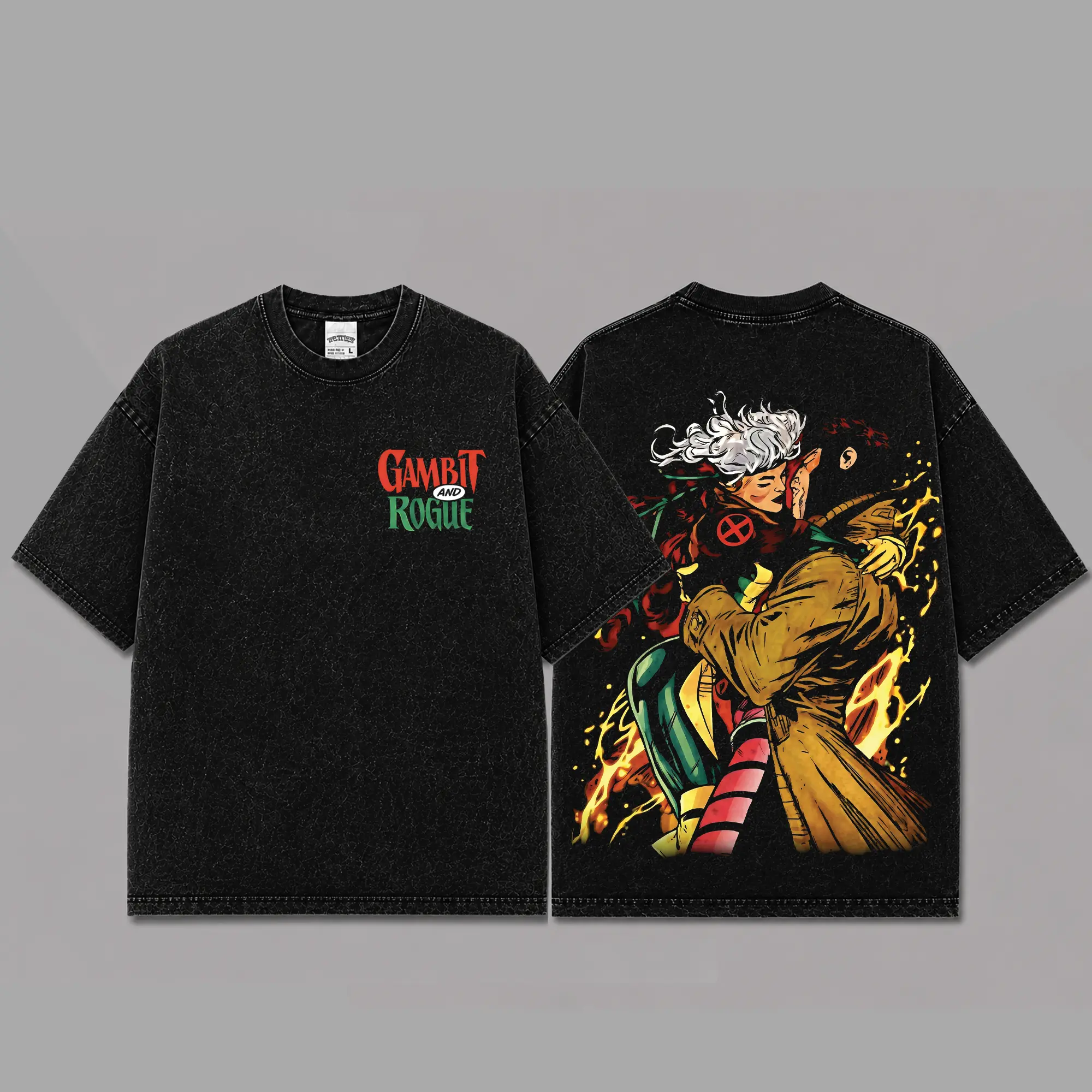 Ver 2 Gambit x Jean Grey Inspired Oversized Black Graphic T-Shirt, Vintage Movie Actor Fan Tee, The Master Thief Shirt, Y2K Comic Style Streetwear Top, Black Cotton Unisex Tee, Retro Superhero Inspired Shirt, Gift for Movie Fans