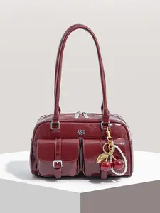 Fashionable and exquisite retro light luxury tote bag, large capacity practical texture elegant single shoulder handbag, with cherry and pearl pendant design, suitable for outdoor travel and shopping, Fashionable Bling Bag, Crossbody Shoulder Handbag