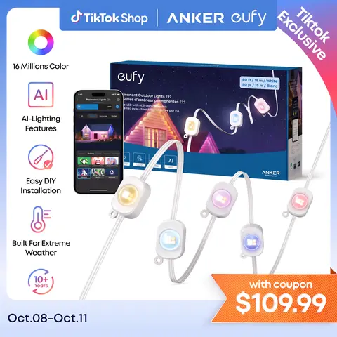 【Exclusive Bundle】eufy Security Permanent Outdoor Lights E22 With 60 Triple-LED Lights Smart RGBWW Lights Daily and Festive Up to IP67 Waterproof AI Lighting Themes for Christmas APP Control, Colorful Lights, Led Strip Lights, Colored Led, Holiday Lights