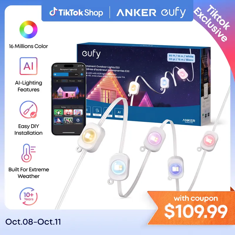 【Exclusive Bundle】eufy Security Permanent Outdoor Lights E22 With 60 Triple-LED Lights Smart RGBWW Lights Daily and Festive Up to IP67 Waterproof AI Lighting Themes for Christmas APP Control, Colorful Lights, Led Strip Lights, Colored Led, Holiday Lights