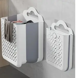 Contemporary Wall-Mounted Laundry Basket Made of Plastic, Featuring a Foldable Design And Cut-Out for Easy Storage of Clothes, Toys, Snacks, Fruits, And More, Without The Need for Drilling, Laundry Baskets