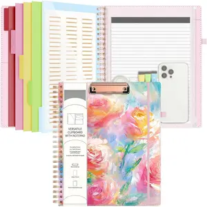 Foldable Spiral Clipboard Folio with with Storage Zipper Pouch, 5 Plastic Folders with 10 Pockets, Leather Clipboard Folder with Notepad, 39 Divider Label Stickers (Rose)