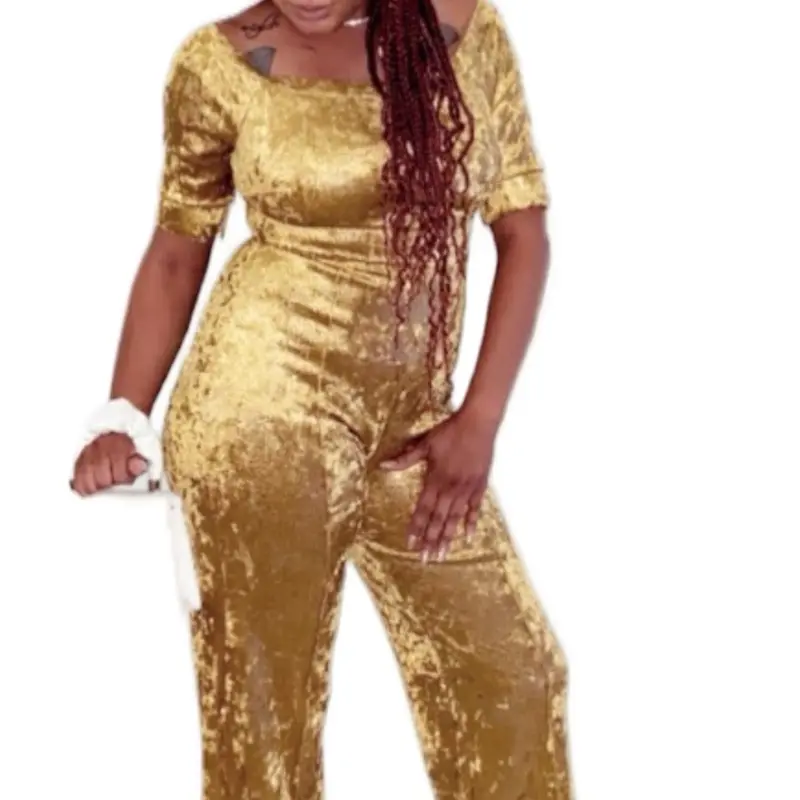 The Ultimate Snakethrough Jumpsuit in Shiny Gold Velvet with Square Neckline and Half Sleeves for Women