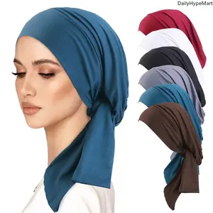 Muslim Women's Elastic Ribbon Tie Turban Hat, Chic Navy Bonnet with Inner Cap, Fashion Accessory for Hair Care