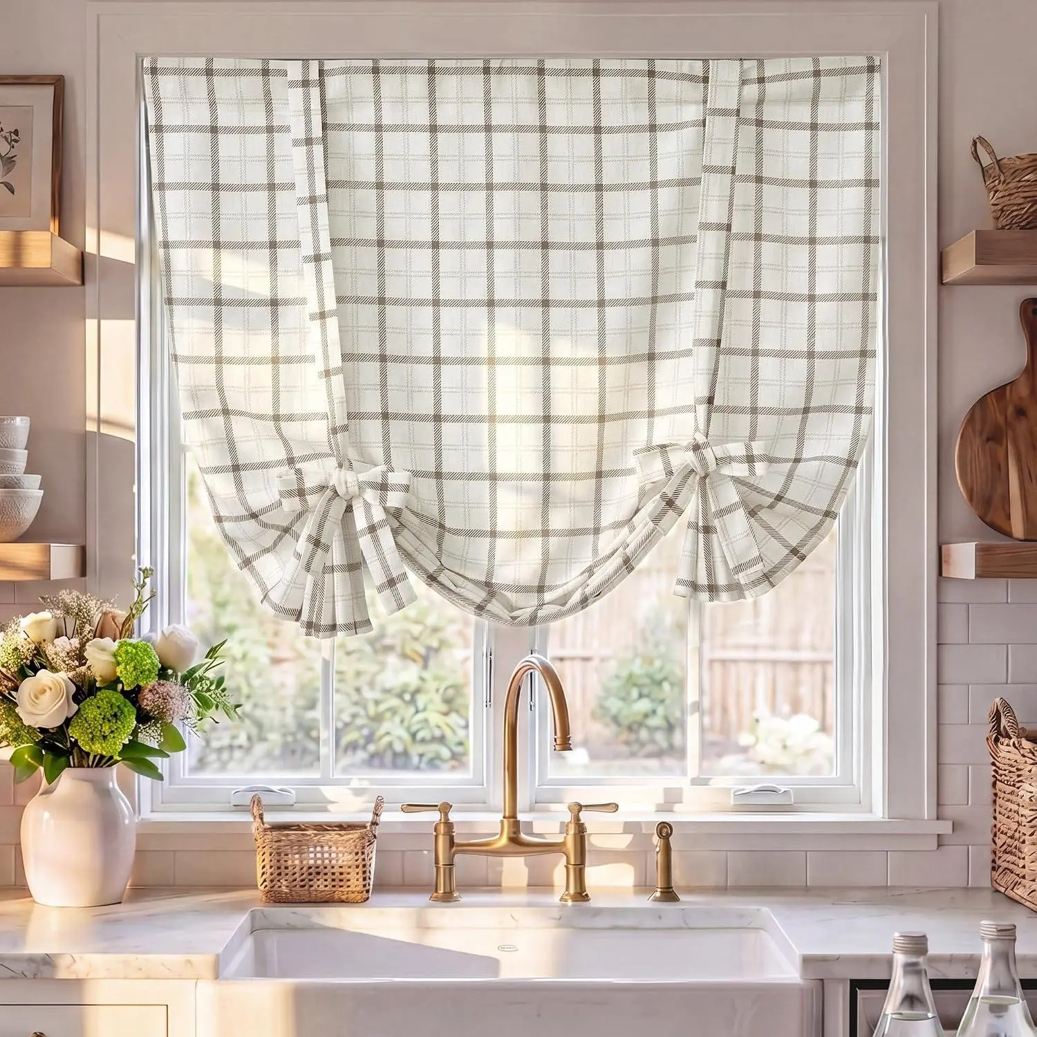 NICETOWN Tie Up Curtains for Windows Plaid Pattern, Linen Blend Roman Shades, Vintage Farmhouse Style Kitchen Curtains Length Adjustable, Bathroom Privacy Blind, 1 Panel