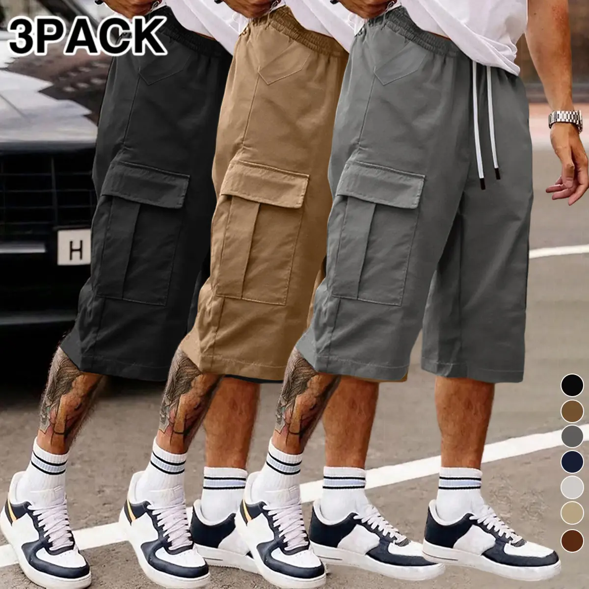 Men’s cargo shorts with a large flap front pocket and an elastic drawstring design; loose fit—an excellent gift for husband or boyfriend. Solid-color men’s casual cargo shorts; practical summer style.