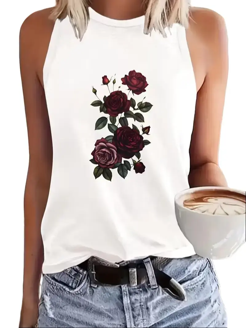 Women's Vintage Burgundy Flower-Print Fitted Soft Halter Sleeveless Polyester Tank Top - Casual Elegant Women's Top, Lady