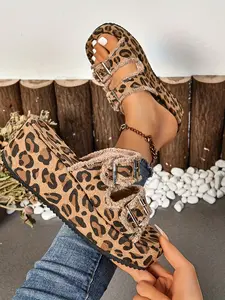 Women's Leopard Print Thick Sole Sandals, New Height-Boosting Platform Slippers, Fashionable Faux Fur Lined Beach Shoes