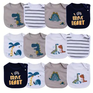 12 Pack Baby Feeding Bibs – Waterproof Adjustable Snap Bibs with Cute Cartoon Prints, All-Season Infant Drool & Eating Bibs for Boys & Girls, Baby Essentials Organic Cotton Set bibs