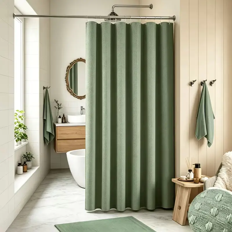 Green Shower Curtain - Waffle Textured Heavy Duty Thick Fabric Shower Curtains for Bathroom, Luxury Weighted Polyester Cloth Bath Curtain Set with 12 Plastic Hooks，72Wx72H,Green