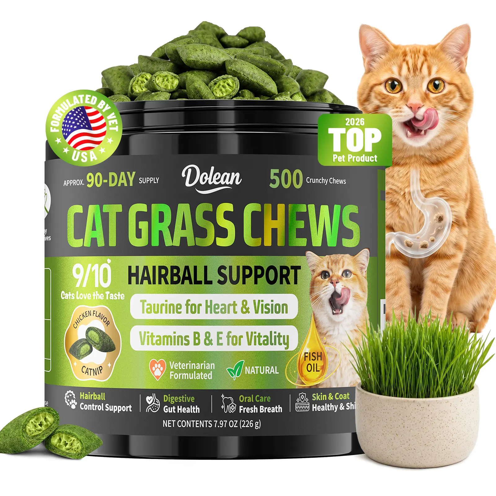 Dolean Cat Grass Chews for Indoor Cats – Hairball Control & Digestive Health Support, Crunchy Chicken Flavor Cat Snacks with Fish Oil, Taurine & Essential Vitamins, Helps Skin, Coat & Teeth Cleaning, Grain Free, 500 Chews for All Ages
