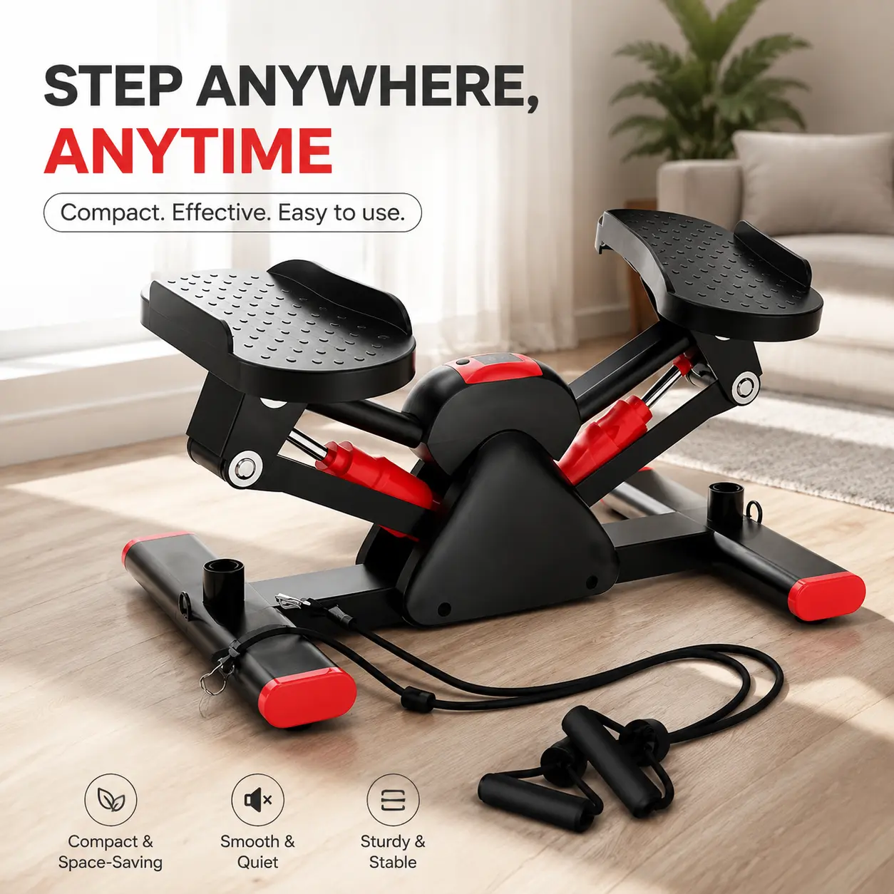 Mini Hydraulic Exercise Stepper with Resistance Bands - Compact Home Fitness Machine for Full-Body Cardio Workout, Small Space Friendly