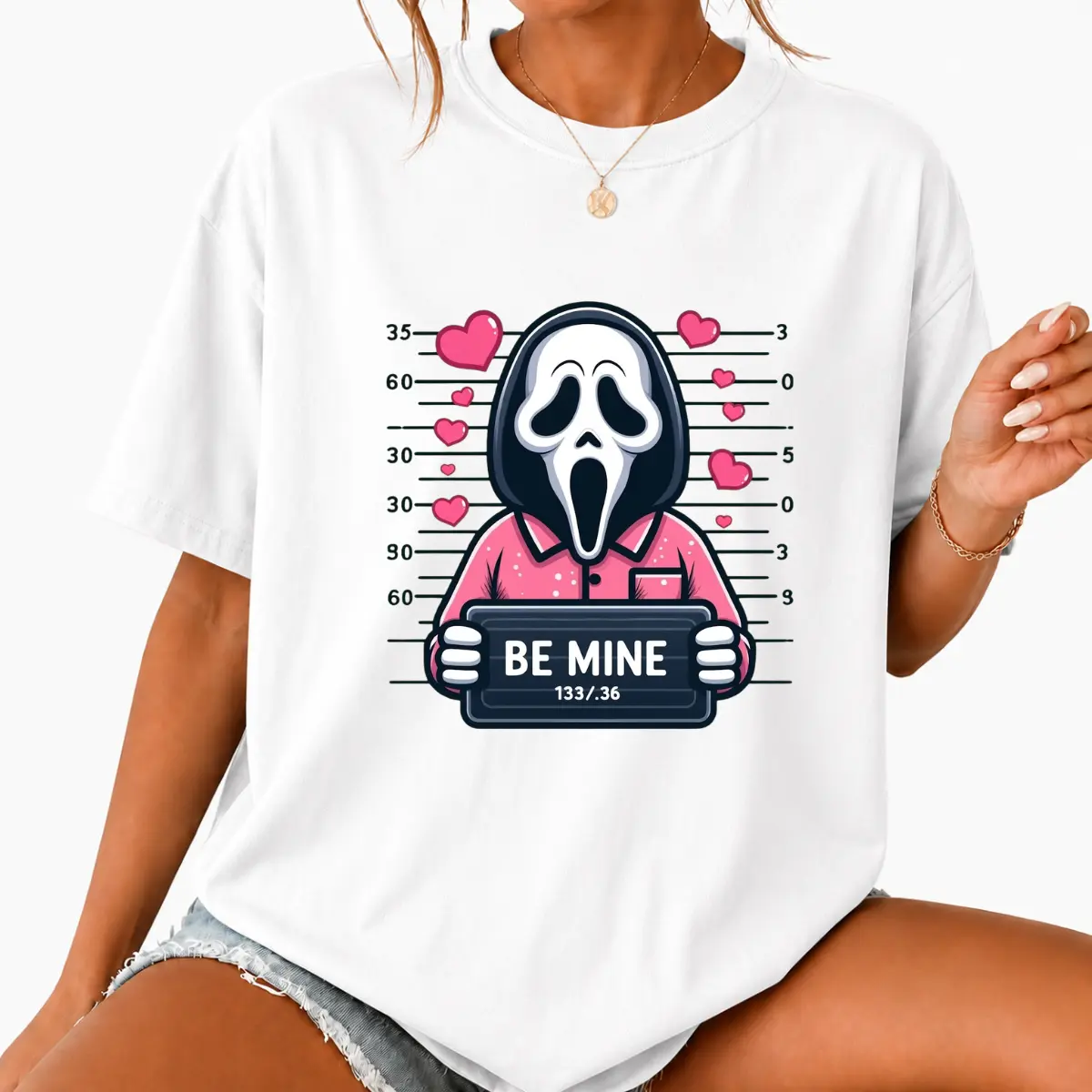 Valentine Ghost Face Be Mine T-Shirt, Cute Horror Valentine Graphic Tee, Pink Ghost Mugshot Heart Graphic Shirt, Front Graphic Print Tee, Valentine's Day Gift For Women Men Couples, Spooky Love Outfit Apparel